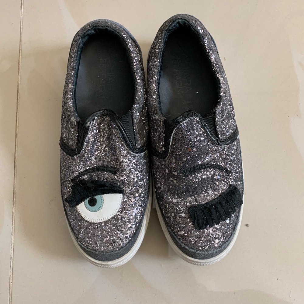 Gently Worn Chiara Ferragni Silver Glitter Eye Sneakers Sz 36
